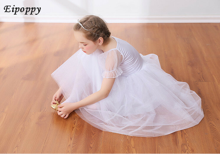 Girls Ballet Tutu Children Long Skirt Bubble Sleeves White Princess Dress Swan Lake Costumes Kids Practice Performance Dacewear