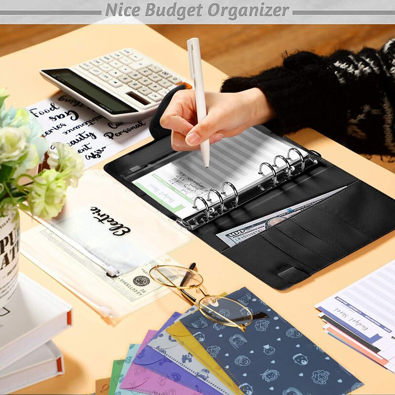 PU Leather Budget Binder Notebook, Envelopes de dinheiro, sistema de carteira com zíper, bolsos para economizar dinheiro, Bill Organizer, A6