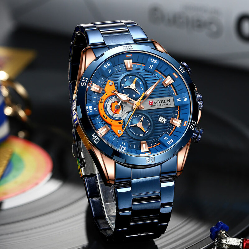 Curren Herrenmode wasserdichte Sport Quarz Chronograph Armbanduhr Luxus Edelstahl Uhr mit leuchtenden Relogio Masculino