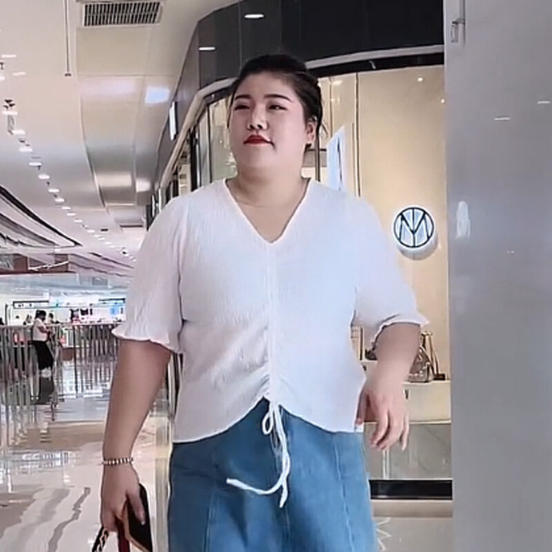 女性用ドローストリングトップ,エレガントなVネックシャツ,へそ,2,プラスサイズ,200 kg,chubby mm,夏