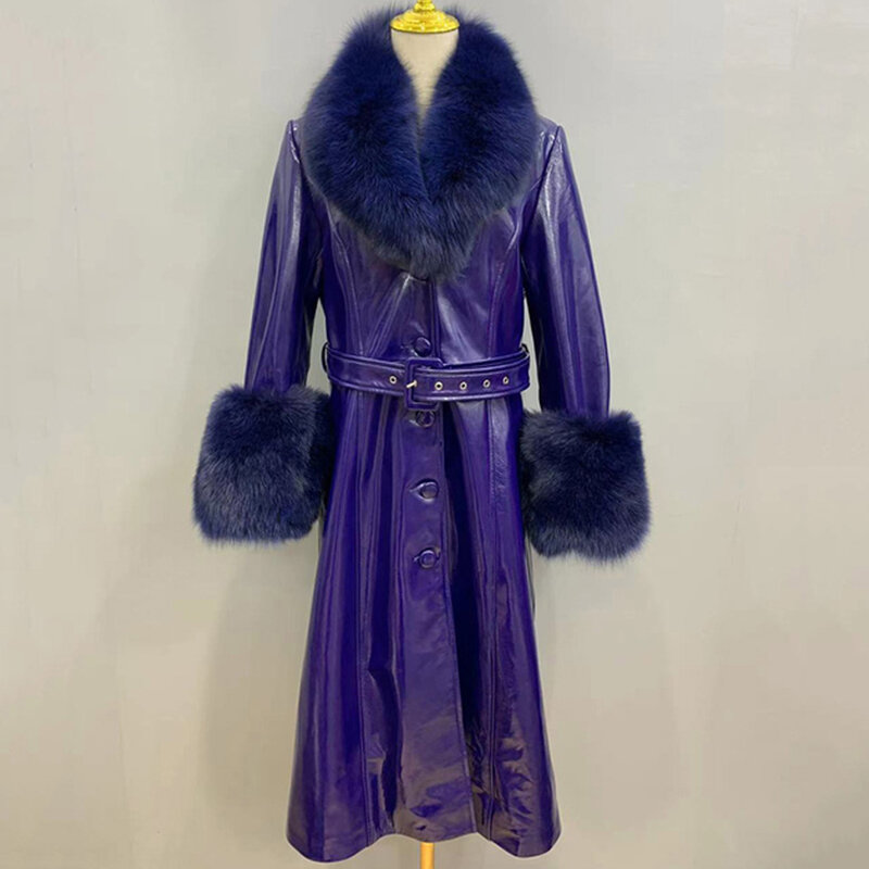 Manteaux d'hiver longs en cuir pour femmes, coupe-vent, col en vraie fourrure de renard, veste manchette en fourrure, ceinture solide, pardessus à la mode, 7930B, 2022