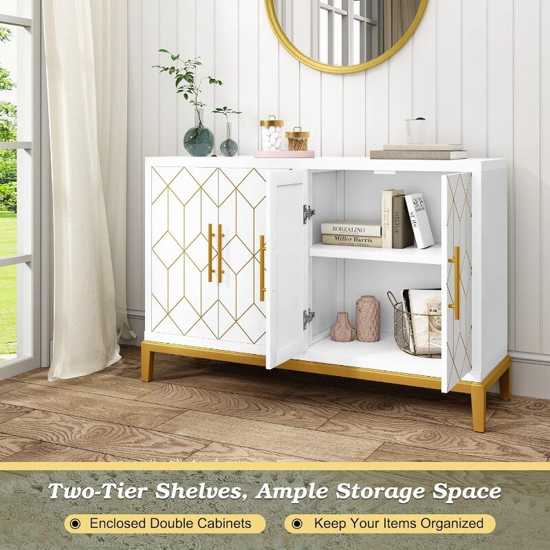 Accent Cabinet con 4 ante e ripiani, Credenza Buffet Cabinet con linee dorate, armadio decorativo moderno in cremenza