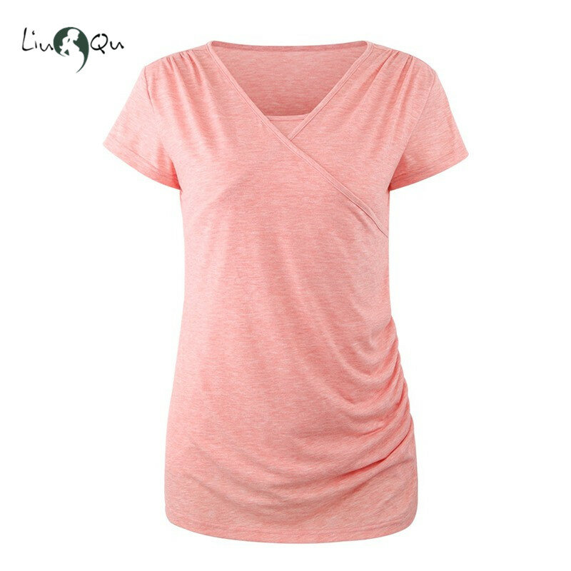 Liu & Qu-Camiseta de lactancia de maternidad para mujer, Tops informales de manga corta fruncidos laterales, camisa de embarazo para amamantar, Top sólido para embarazadas