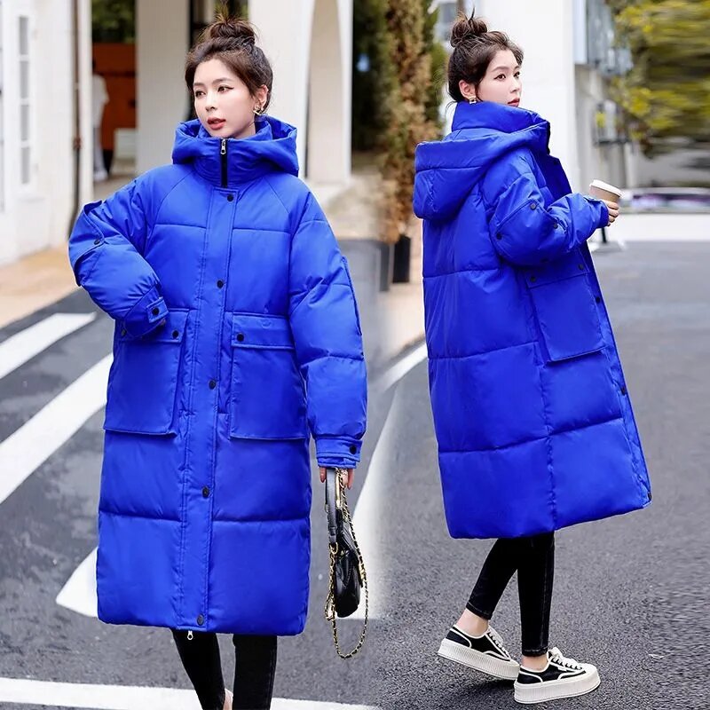 여성용 롱 다운 코튼 코트 2024 겨울 파카, 두껍고 따뜻한 코튼 코트, 방풍 후드 겨울 재킷, 패딩 퍼퍼 파카 코트