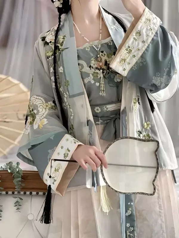 Vestido hanfu bordado tradicional chinês para mulheres, fantasia cosplay, halloween, estudante, plus size, verde e azul, conjuntos de 7 peças