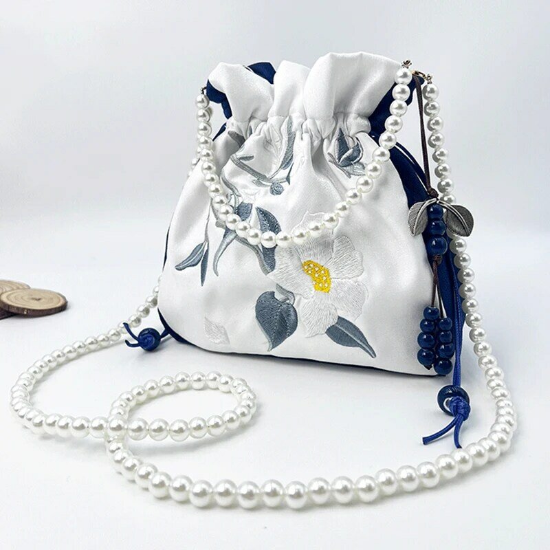 Vintage ricamo cinese Hanfu borsa da donna perla nappa antica tasca con coulisse borsa a tracolla borse Hanfu accessori