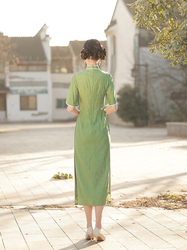 Fzslcyiyi-セクシーなサテンのジャカードドレス,緑,エレガント,半袖,中国のチャイナドレス,レトロスタイル,毎日のイブニングドレス
