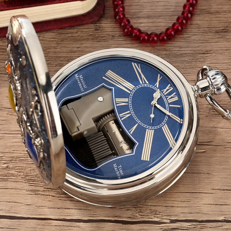 FLEXFIL-Reloj de bolsillo con caja de música para hombre y mujer, pulsera de mano de cuarzo con diseño de cielo espacial, de aleación, con manivela, cadena Fob
