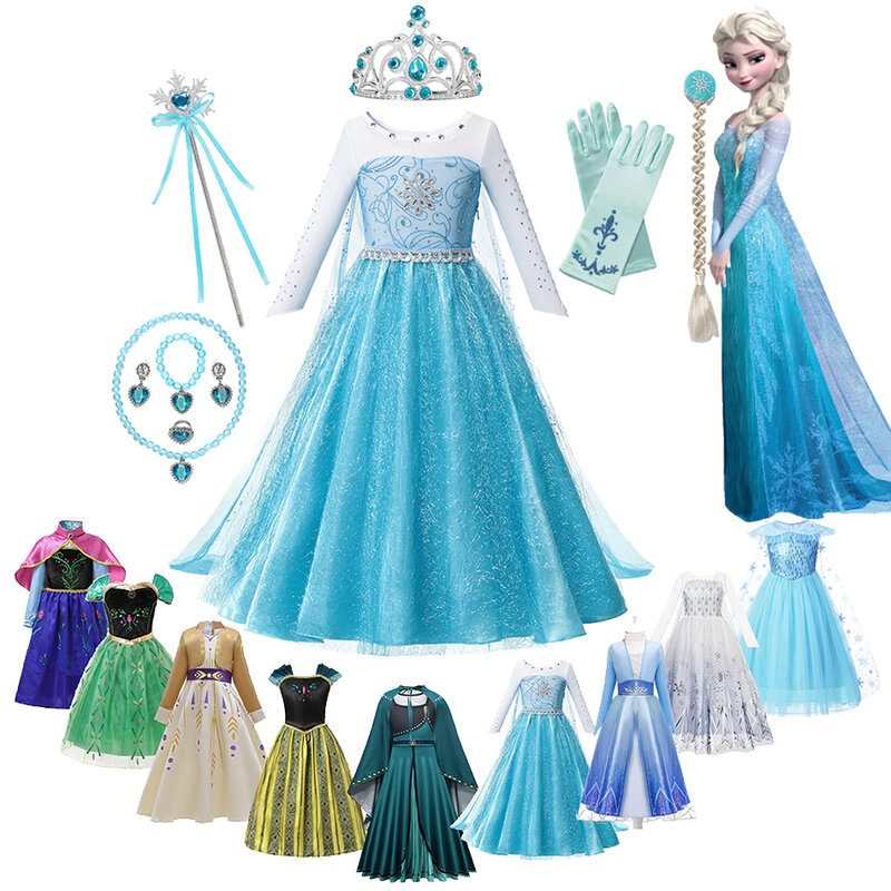 Frozen 1&2 Anna Elsa Coronation Princess Dress Kids Birthday Party Vestidos Snow Queen Cosplay Costume Girls Ball Gown Clothes