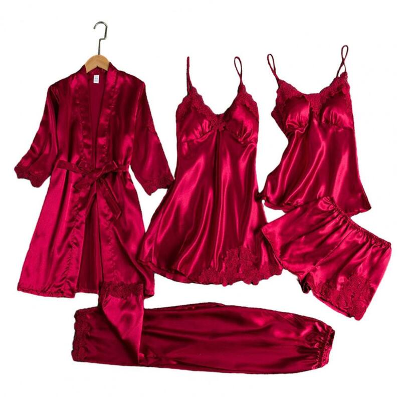 Silk Pajama Set Elegant Satin Lace Pajama Set with Lace-up Waist Patchwork Detail 5 Piece Women's Sleepwear Set for Comfort