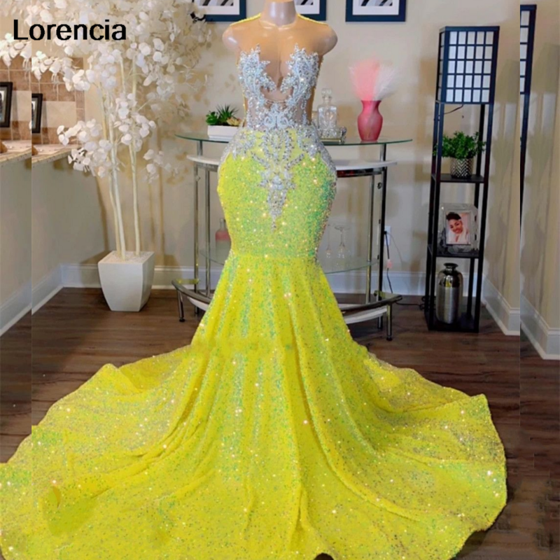 Lorencia Sparkly Yellow Sequin Mermaid Prom Dress For Black Girls Applique Beads Crystal Formal Party Gown Robe De Soiree YPD86
