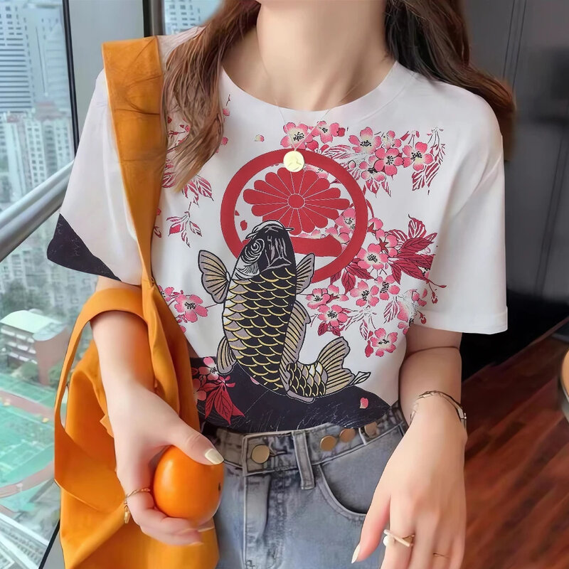 Women's Fashion T-shirt Summer Round Neck Short Sleeve Trendy Printed Top Loose Casual Short Sleeve Clothing Women's T-shirt