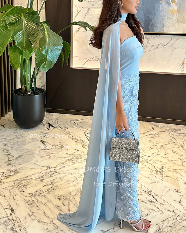 Eleganckie, niebieskie szyfonowe suknie wieczorowe syrenki z kurtką 3D kwiaty aplikacje bez ramiączek arabska impreza formalna okazja suknie na bal maturalny