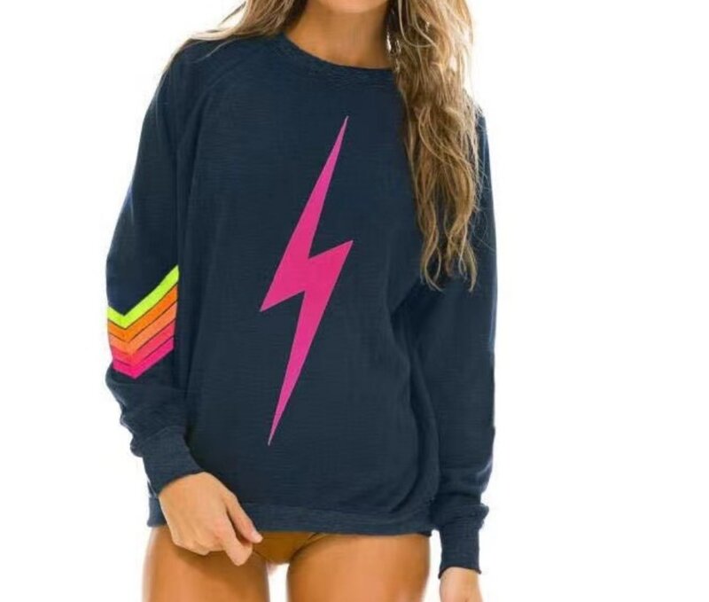 2024 Women's Rainbow Print Hoodies Round Neck Elastic Warm Long Sleeve Pullover Sweatshirt