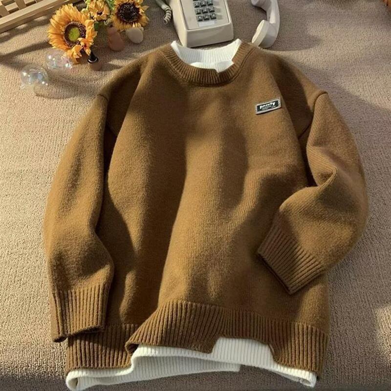 Men Round Neck Sweater Men's Autumn Winter Loose Fit Sweater O-neck Long Sleeve Knit Tops Thickened Warm Pullover Color Matching