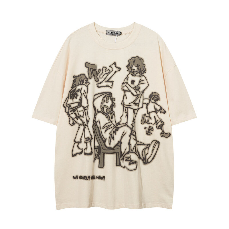 Camisetas estampadas para amantes de la calle, blusa informal americana Retro, camisa holgada de manga corta de algodón, camiseta de gran tamaño para hombre y mujer