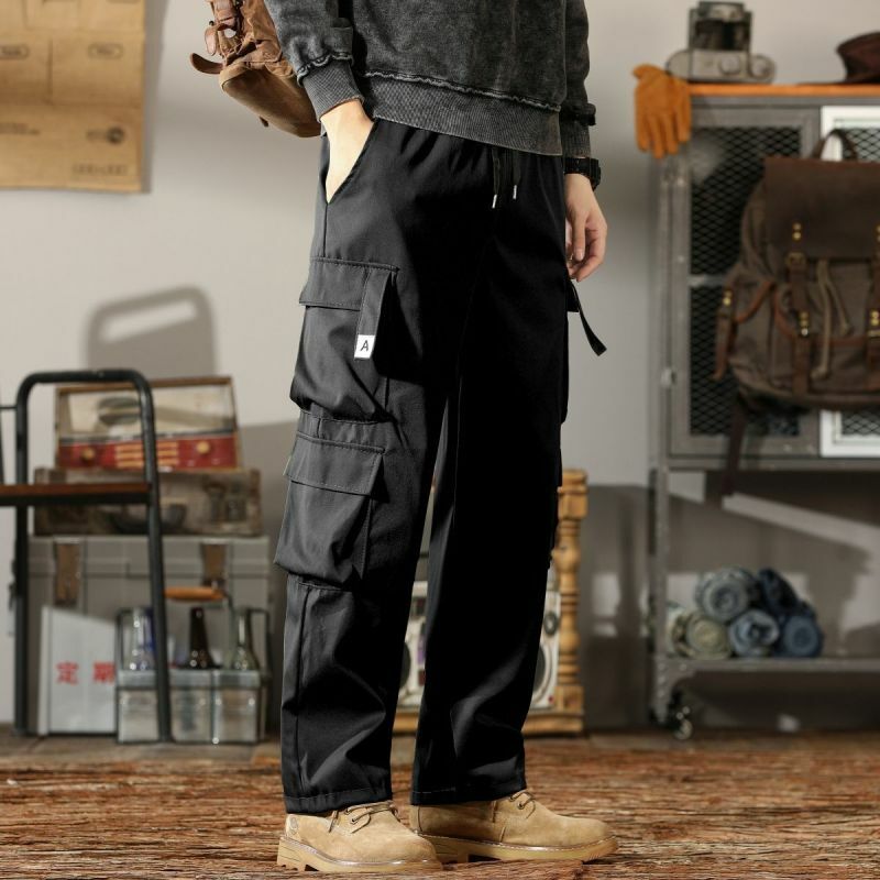 Брюки-карго мужские с эластичной завязкой, Модные свободные прямые штаны в стиле пэчворк, с вышивкой надписью, с карманами, летние
