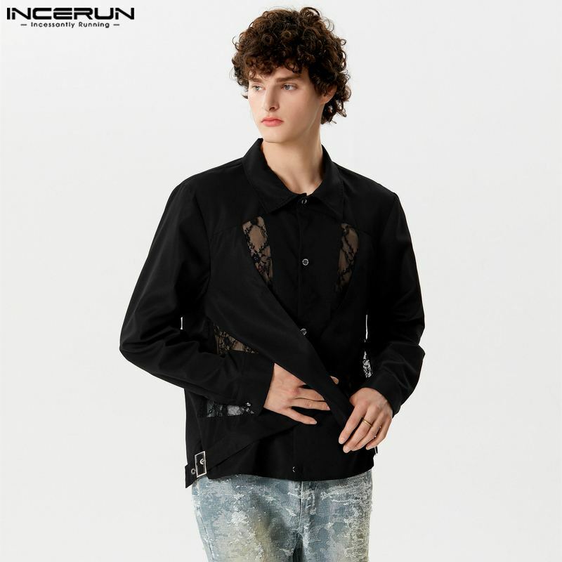 INCERUN-Tops de moda para hombre, camisas de diseño cruzado de encaje de retazos huecos, blusa informal de manga larga, S-5XL, 2024