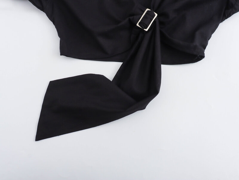 Blusa informal de manga larga para mujer, camisa corta con diseño de hebilla y lazo en V, estilo Retro, a la moda, 2024