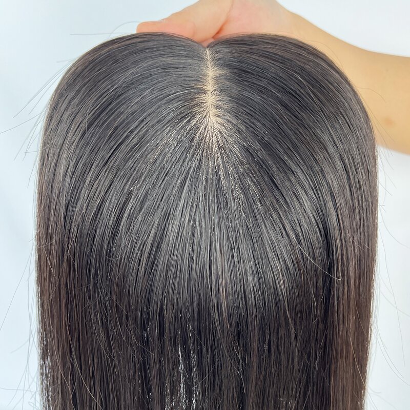 Rambut palsu dasar sutra wanita 15x17cm Topper dengan 4 klip dalam hiasan rambut Malaysia rambut manusia Virgin rambut palsu sutra sejuk rambut bayi alami
