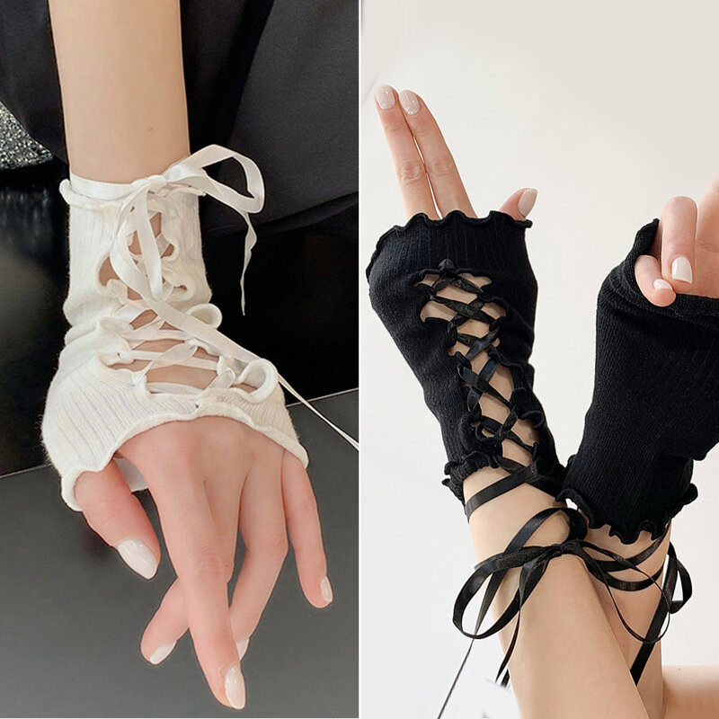 Luvas de malha elástica sem dedos, DIY Strapping Arm Warmer Sleeves, Lolita Jk Gothic Cosplay, Acessórios para roupas quentes, Y2K