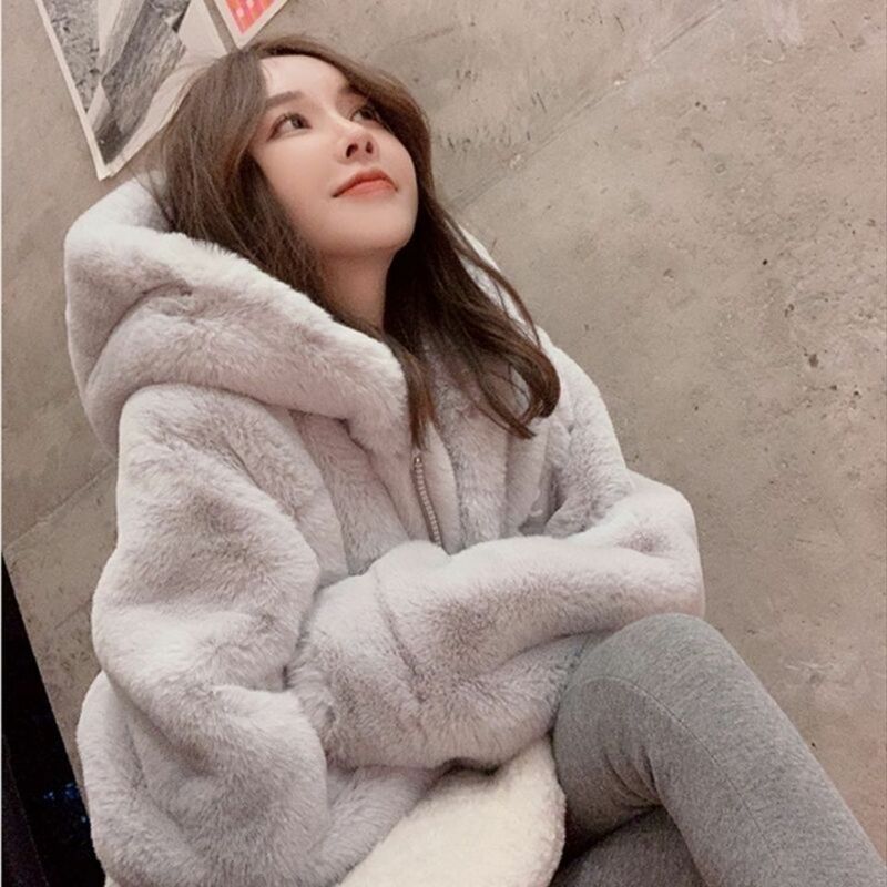 2024 Autumn Winter Faux Fur Coat Female Thick Furry  Imitation Mink Rabbit Fur Jacket Women Hooded Long Sleeve Faux Leather Coat