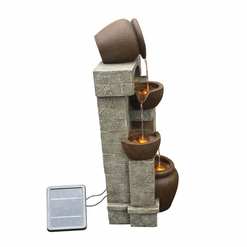 Teamson Home 28.5 "zasilane energią słoneczną 4-poziomowe miski kaskadowe i ułożone kamienie fontanna ogrodowe z lampkami LED, brązowe