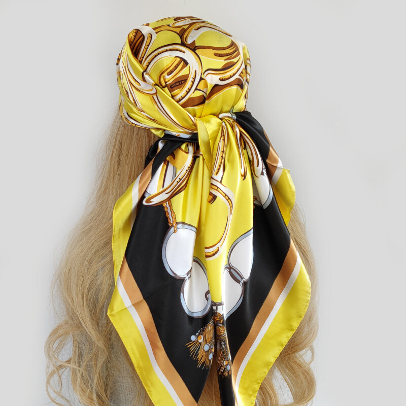 Lenço de seda quadrado para mulheres, lenço de moda, lindas flores, foulard, xale de cetim macio, lenço 90x90cm