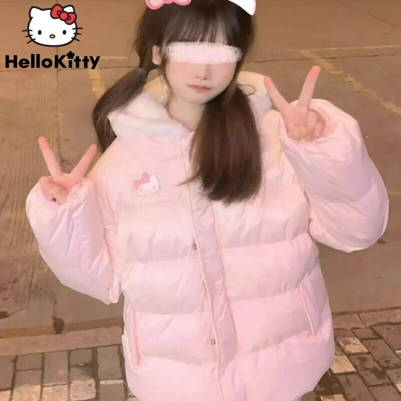Kawaii Sanrio Thickened Cotton Coat Women Hello Kitty Embroidery Bread Clohting Y2k Sweet Girl Parkas Cute Cartoon Top Versatile