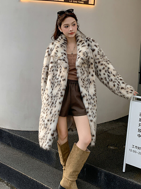 Abrigo de piel de zorro de imitación para mujer, chaqueta de invierno, chaqueta de leopardo gruesa, abrigo de piel Artificial con cuello de imitación, chaquetas informales 2023