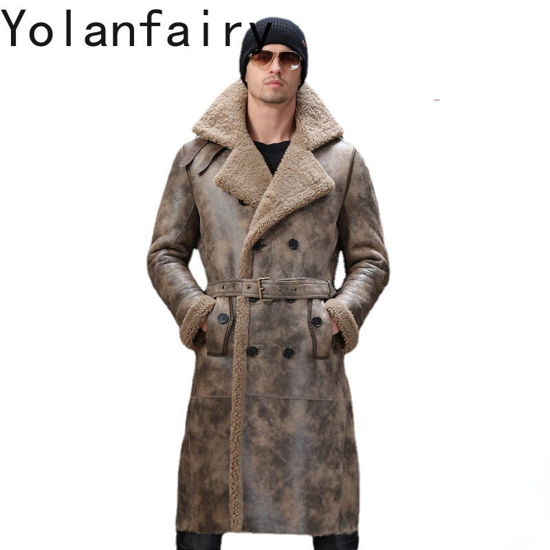 남성용 천연 가죽 및 모피 통합 코트, 무릎 긴 트렌치 코트, 모피 재킷, 양 시어링, 남성 겨울 코트