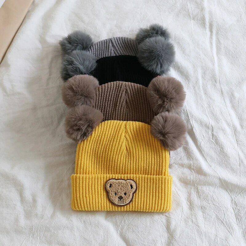 Winter Warm Baby Knitted Hats With Pom Pom Kids Knit Beanie Hats Solid Cute Cartoon Children's Hat For Boys Girls Accessories