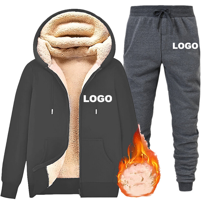 Logotipo personalizado Casacos térmicos grossos, casaco casual, calças compridas, moletom com capuz, calças quentes, conjunto de 2 peças