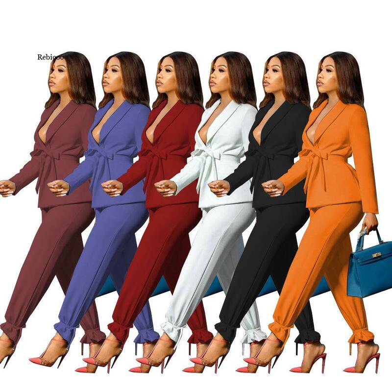 Set di abbigliamento Casual da donna Blazer e pantaloni in vita con fasciatura a maniche lunghe abiti da donna due pezzi OL set di Blazer da lavoro