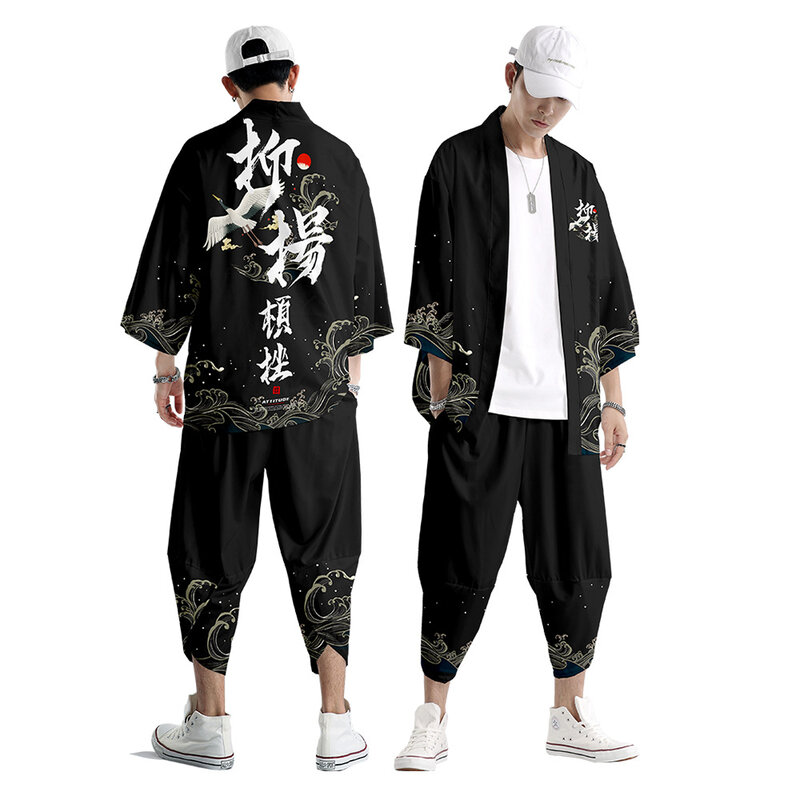 Deux pièces imbibés surdimensionné XXS-6XL Style japonais mode Kimono et pantalon ensemble hommes Cardigan Blouse Haori Obi vêtements asiatiques