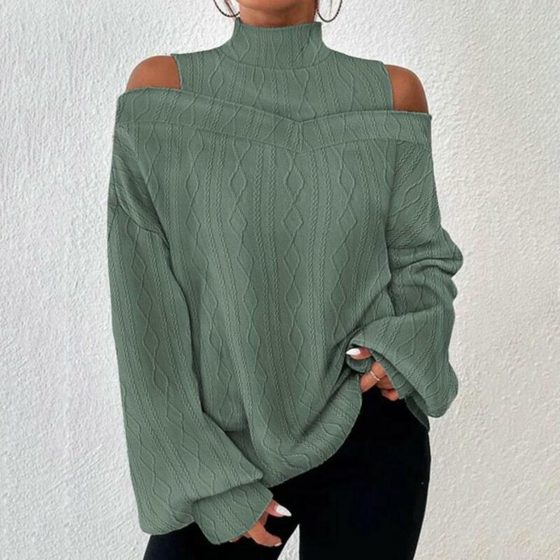 Spring T-shirt Chic Off Shoulder Pullover Stylish Hollow Out Rhombus Texture Blouse for Women for Fall Spring Fashion for Women