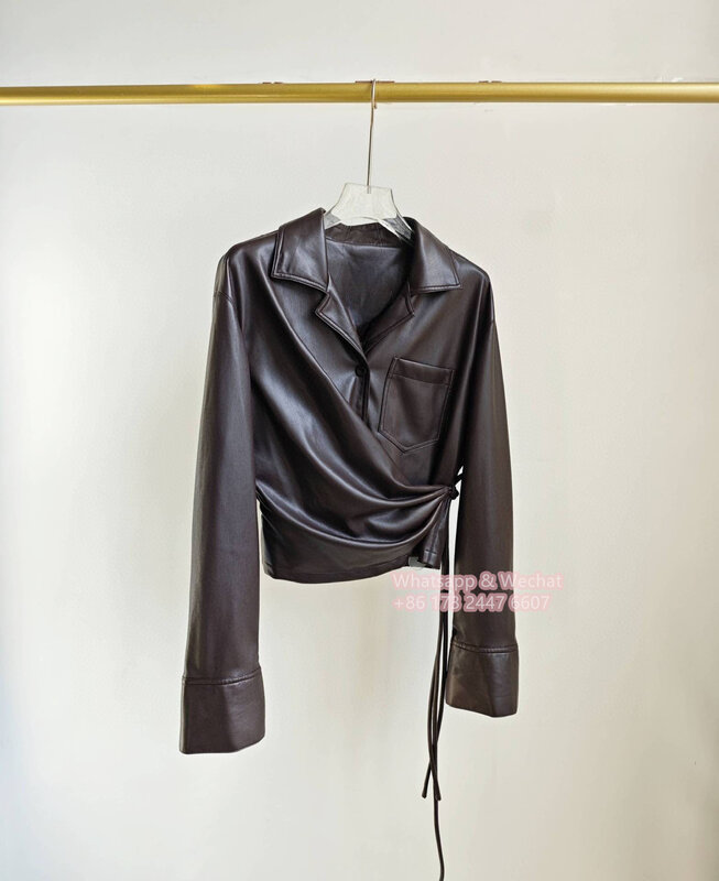 Nanu * shka-camisa de cuero artificial para mujer, camisa de manga larga con botones, marca de lujo elegante, corta de alta calidad, otoño e invierno, 2023