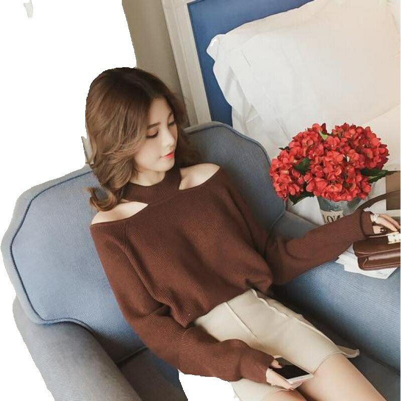 Sweater wanita lengan panjang, Sweater warna Solid Halter tanpa tali gaya Korea musim semi 2024, Sweater dan pullover wanita