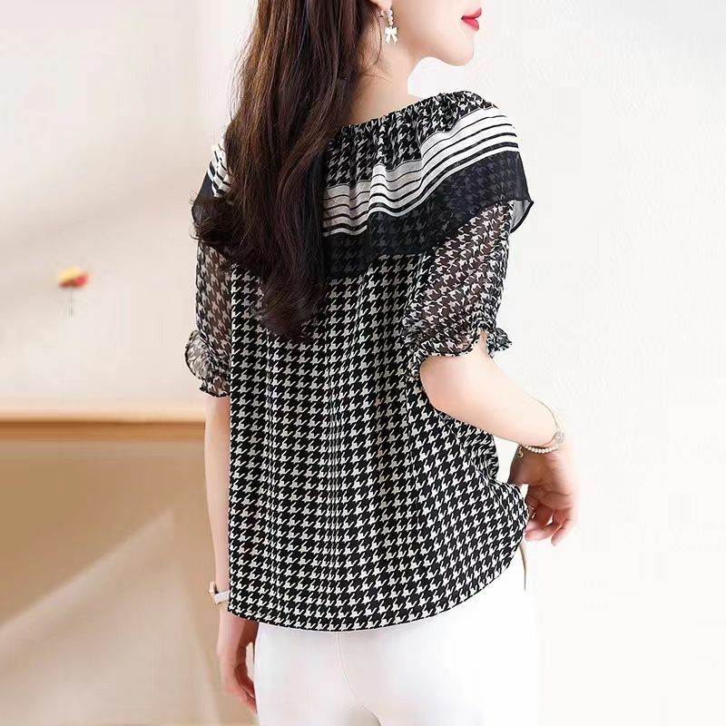 Temperament Pleated Patchwork Blouse Summer New Short Sleeve Plus Size Thin All-match Shirt Tops Fashion Elegant Women Clothing