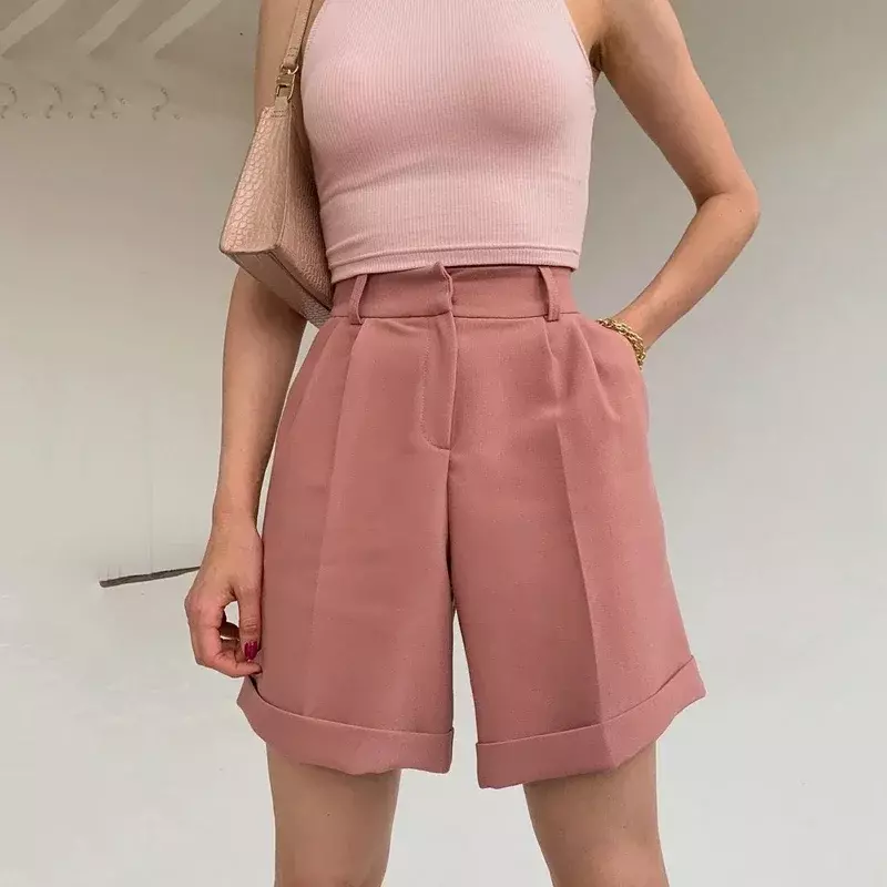Women's Trousers Flanging with Pockets, Zipper Buttons, Solid Color Fashion Casual Women's Shorts, Fashion Street Shooting 2024