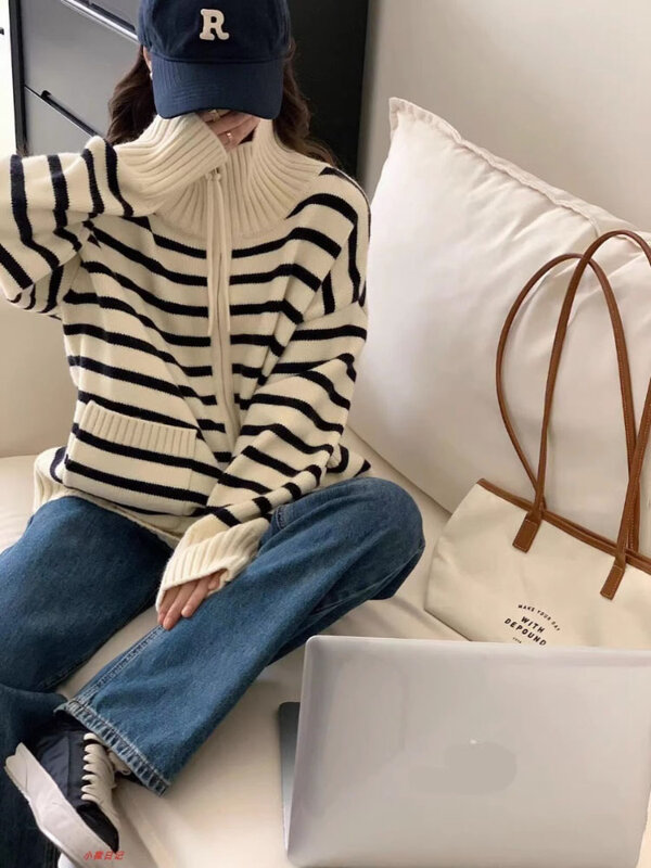 Striped Half High Neck Cardigan Korean Versatile Zippered Knitted Sweater For Women Clothing Spring Casual Simple Female Coat