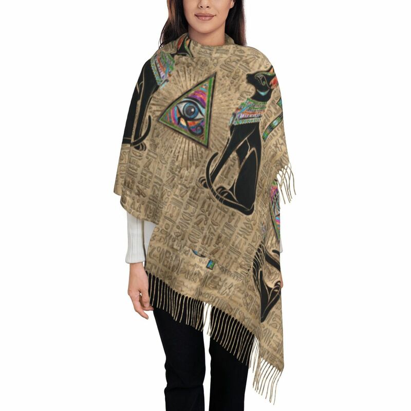Ladies Large Egyptian Cats And Eye Of Horus 4 Scarves Women Winter Soft Warm Tassel Shawl Wrap Egypt Scarf