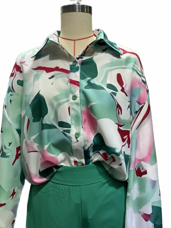 보헤미안 프린트 셔츠 및 통근용 와이드 레그 팬츠 세트, 캐주얼 여성 투피스, 여름 정장