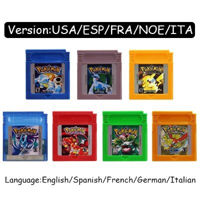 GBC cartucho de videojuegos de 16 bits, tarjeta de consola de Pokémon, rojo, azul, cristal, dorado, verde, plateado, amarillo, con varios idiomas