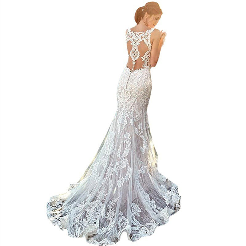 우아한 레이스 스파게티 스트랩 브이넥 환상 단추 2024 웨딩 드레스, 스윕 트레인 신부 가운