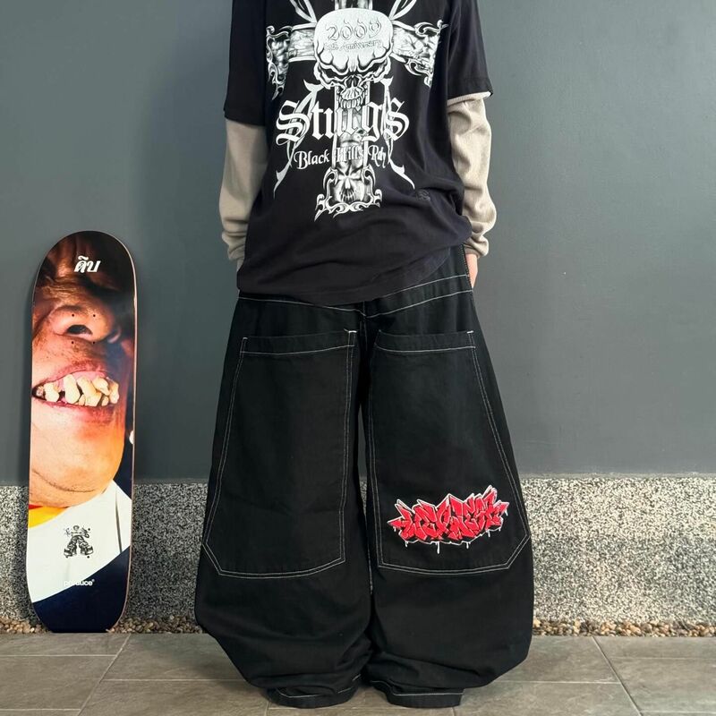 Harajuku Rock ricamo 3PM Jeans larghi Y2k donna Street Pattern Hip Hop Vintage vita alta Jeans gamba larga pantaloni gamba dritta