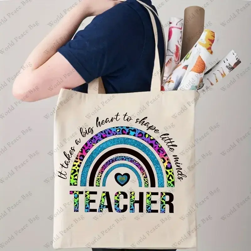 TOUB022-Teacherパターンショッピングバッグ、キャンバス、ポータブルショルダーバッグ、カジュアルハンドバッグ、1個