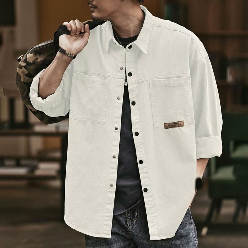 Camisa de manga comprida retrô masculina, camisa casual solta, com botões de bolsos cardigan, camisas de cor sólida, primavera e outono