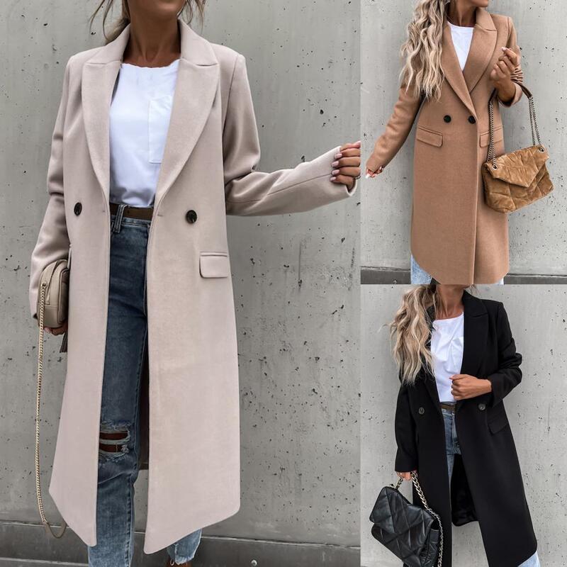 Blazer longo elegante feminino, sobretudo estilo reto feminino, gola de terno, casaco feminino para escritório, inverno