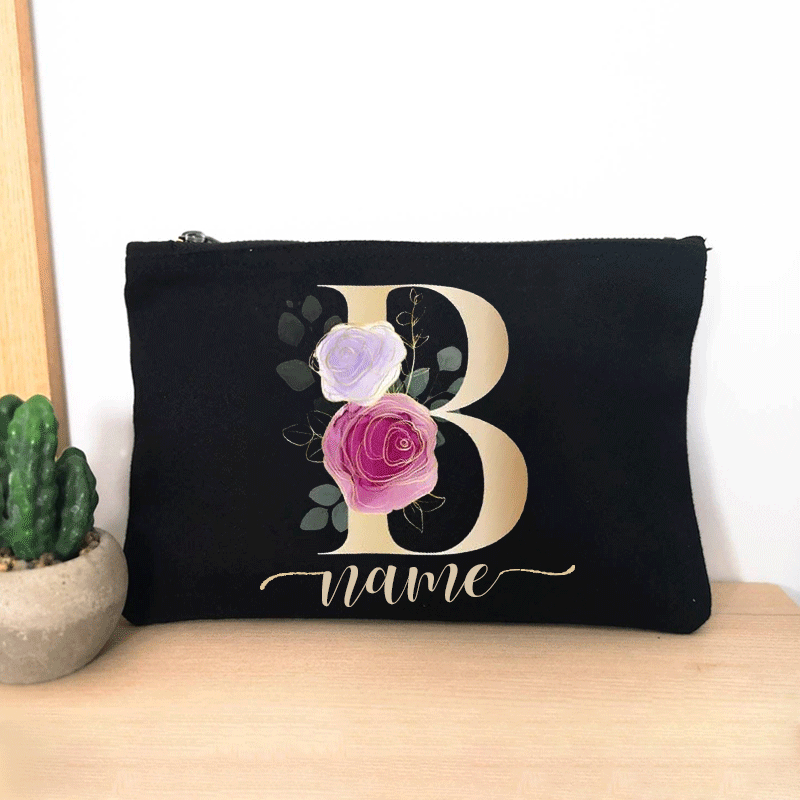 Floral Custom Makeup Bag Personalized Name Wallet Purse Canvas Zipper Pouch Travel Necessity Portable Cosmetic Storage Clutch